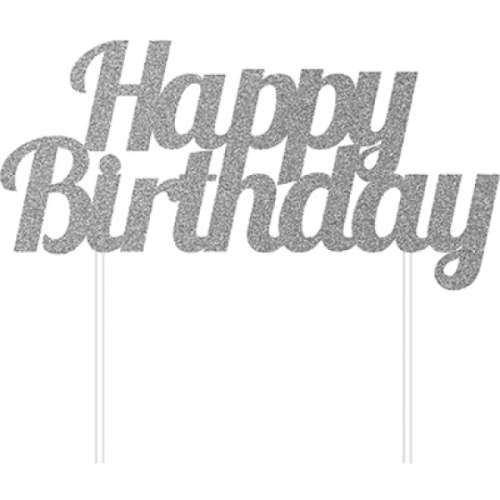 Happy Birthday Cake Topper - Silver Glitter #2 - Click Image to Close